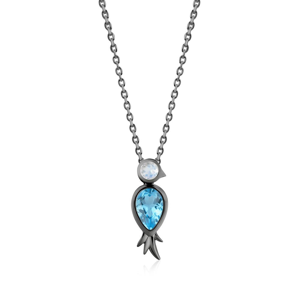 Pear Shaped Swiss Blue Topaz and Moonstone Bird Pendant Neckalce - LUO Jewelry #metal_black finish sterling silver