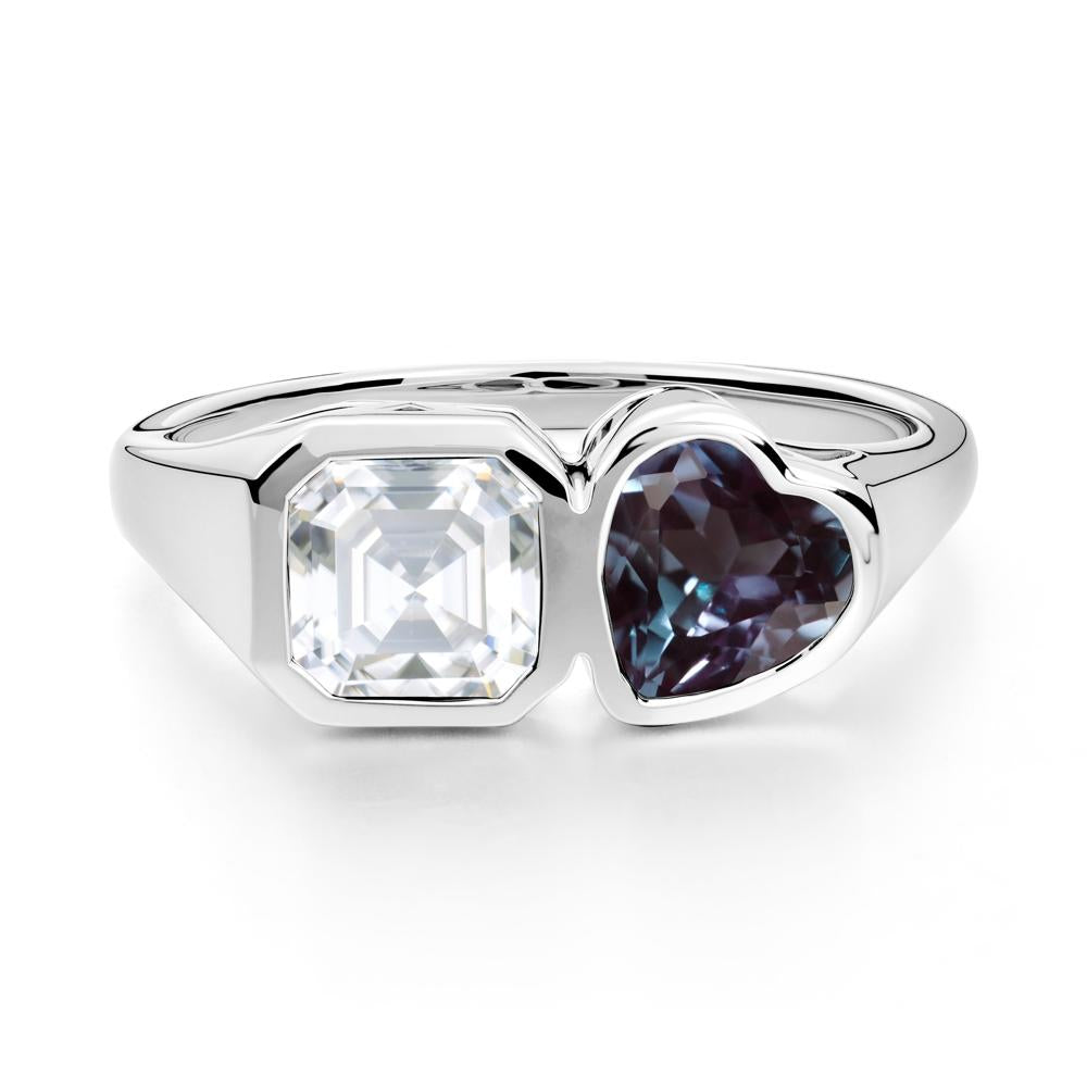 Asscher and Heart Shaped Alexandrite and Moissanite Tet Moi Ring - LUO Jewelry #metal_14k white gold