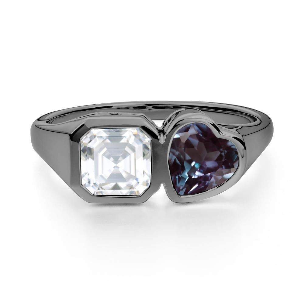 Asscher and Heart Shaped Alexandrite and Moissanite Tet Moi Ring - LUO Jewelry #metal_black finish sterling silver