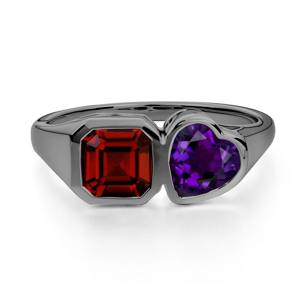 Asscher and Heart Shaped Amethyst and Garnet Tet Moi Ring - LUO Jewelry #metal_black finish sterling silver