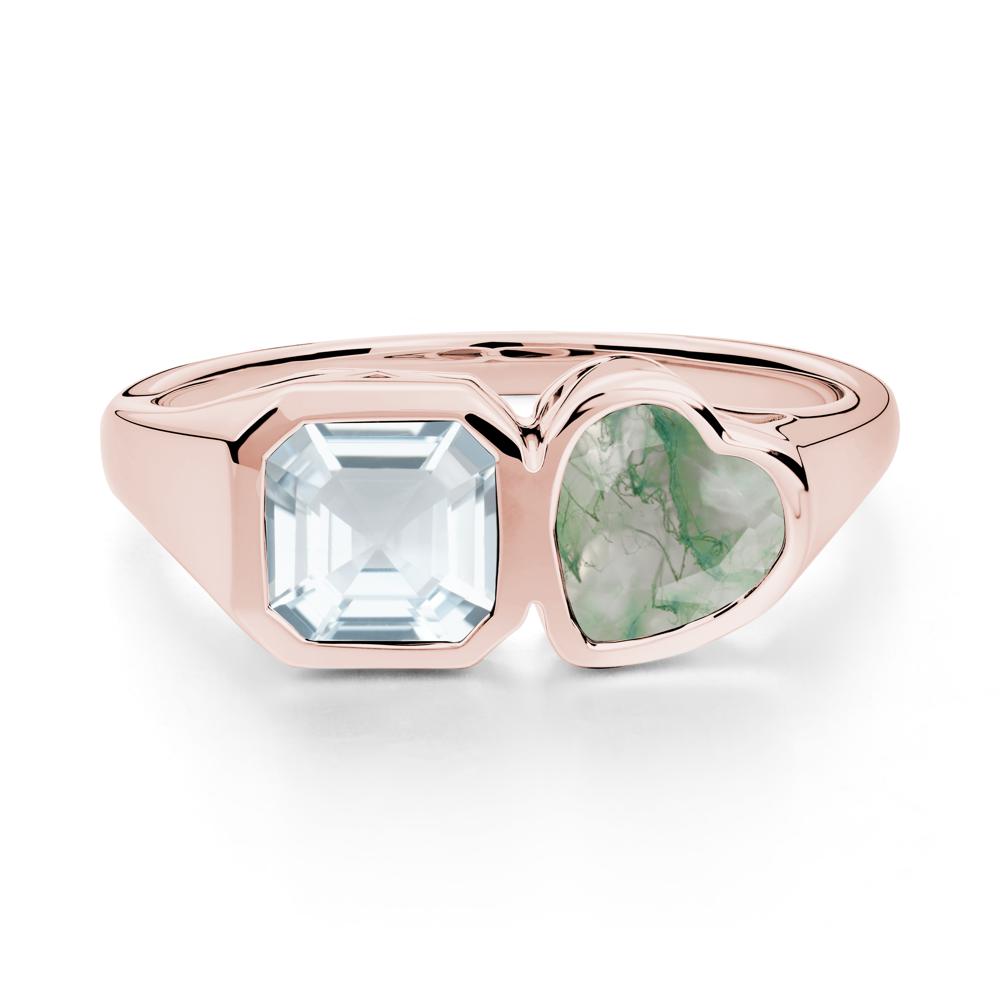 Asscher and Heart Shaped Aquamarine and Moss Agate Tet Moi Ring - LUO Jewelry #metal_18k rose gold