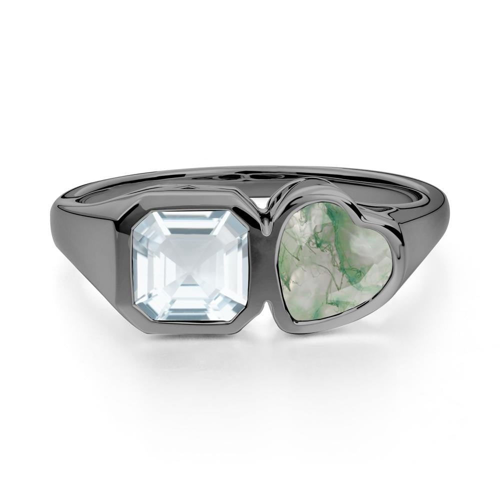 Asscher and Heart Shaped Aquamarine and Moss Agate Tet Moi Ring - LUO Jewelry #metal_black finish sterling silver