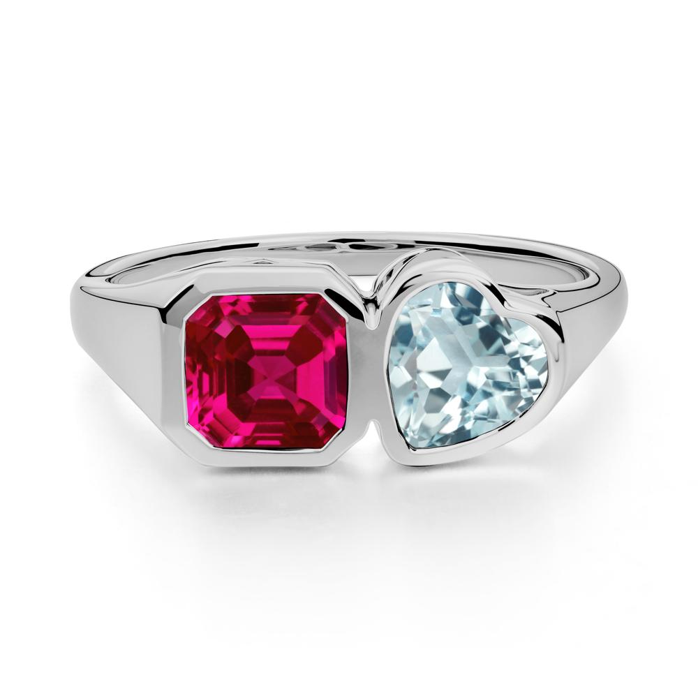 Asscher and Heart Shaped Aquamarine and Ruby Tet Moi Ring - LUO Jewelry #metal_platinum