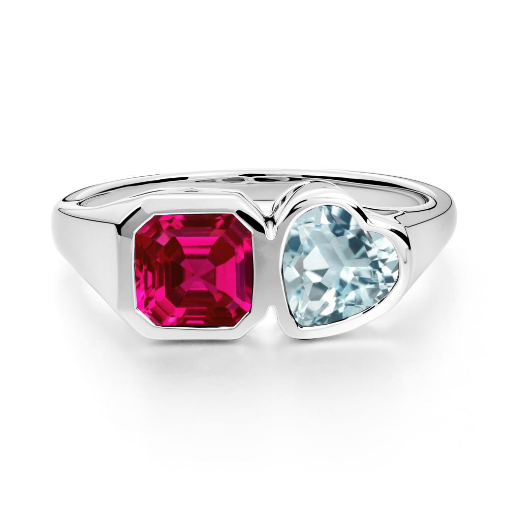 Asscher and Heart Shaped Aquamarine and Ruby Tet Moi Ring - LUO Jewelry #metal_sterling silver