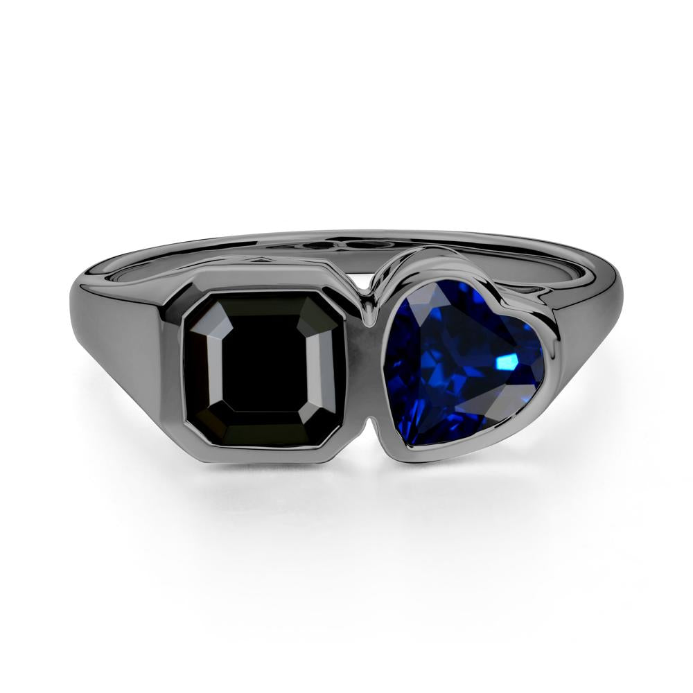 Asscher and Heart Shaped Black Spinel and Sapphire Tet Moi Ring - LUO Jewelry #metal_black finish sterling silver