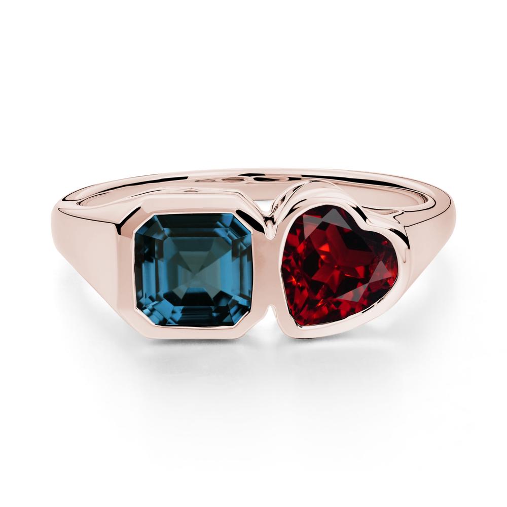 Asscher and Heart Shaped Garnet and London Blue Topaz Tet Moi Ring - LUO Jewelry #metal_14k rose gold