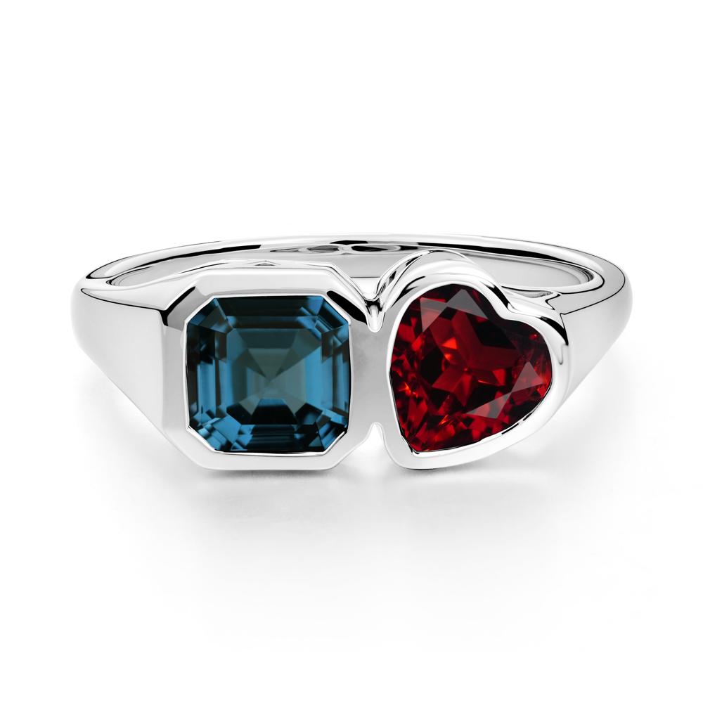 Asscher and Heart Shaped Garnet and London Blue Topaz Tet Moi Ring - LUO Jewelry #metal_14k white gold