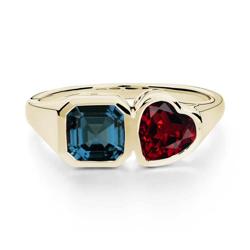Asscher and Heart Shaped Garnet and London Blue Topaz Tet Moi Ring - LUO Jewelry #metal_14k yellow gold