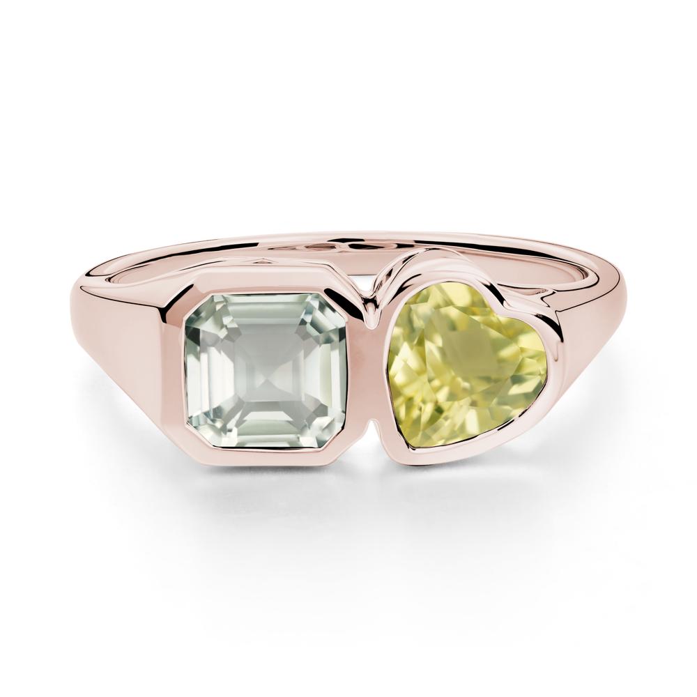 Asscher and Heart Shaped Green Amethyst and London Blue Topaz Tet Moi Ring - LUO Jewelry #metal_14k rose gold