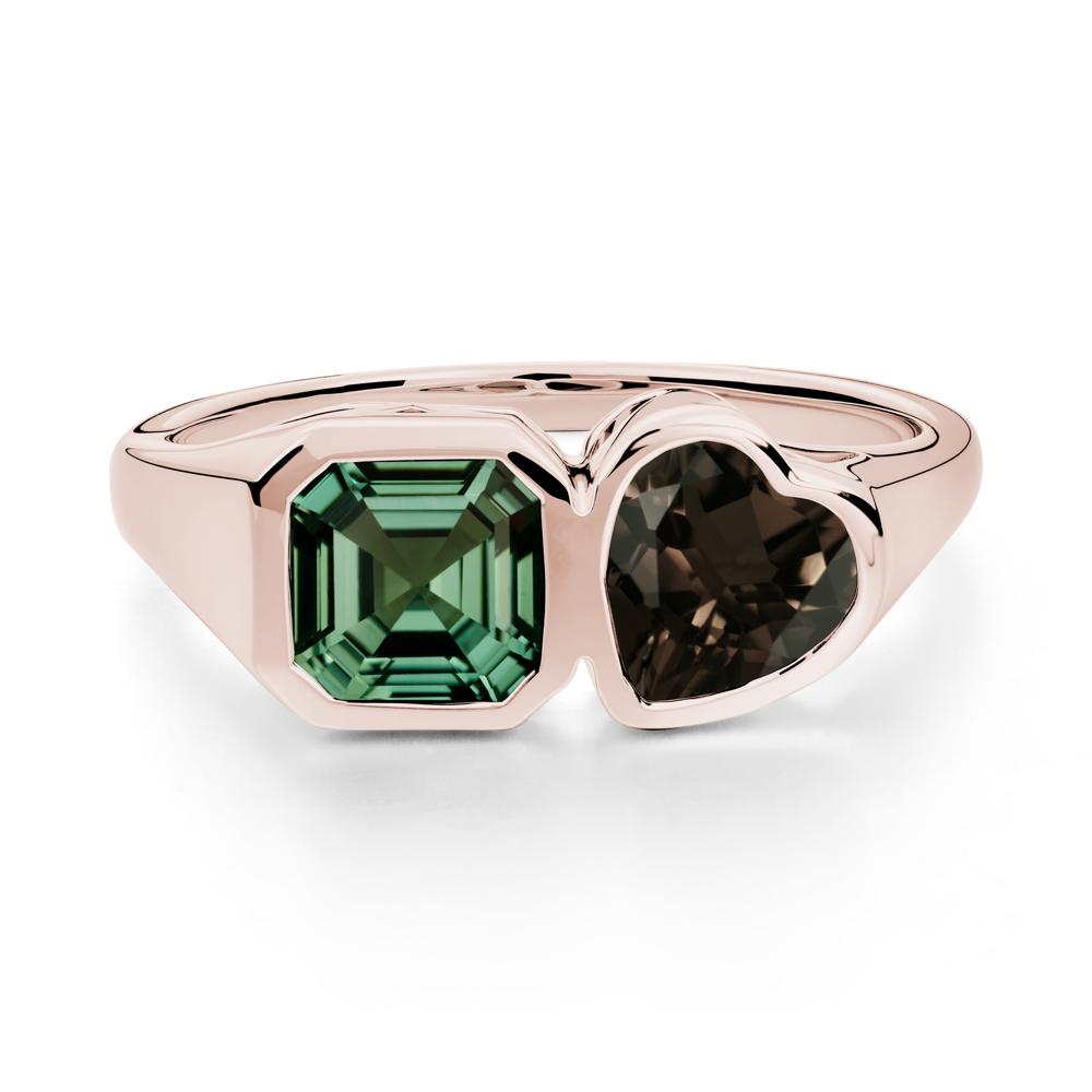 Asscher and Heart Shaped Green Sapphire and Smoky Quartz Tet Moi Ring - LUO Jewelry #metal_14k rose gold