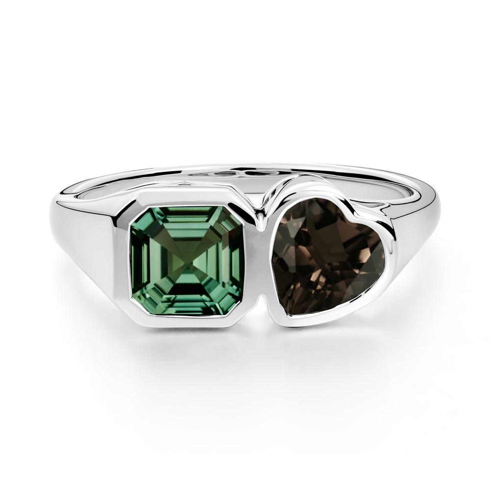Asscher and Heart Shaped Green Sapphire and Smoky Quartz Tet Moi Ring - LUO Jewelry #metal_14k white gold