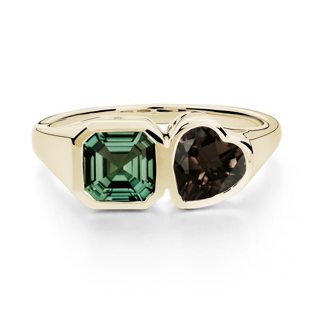 Asscher and Heart Shaped Green Sapphire and Smoky Quartz Tet Moi Ring - LUO Jewelry #metal_14k yellow gold