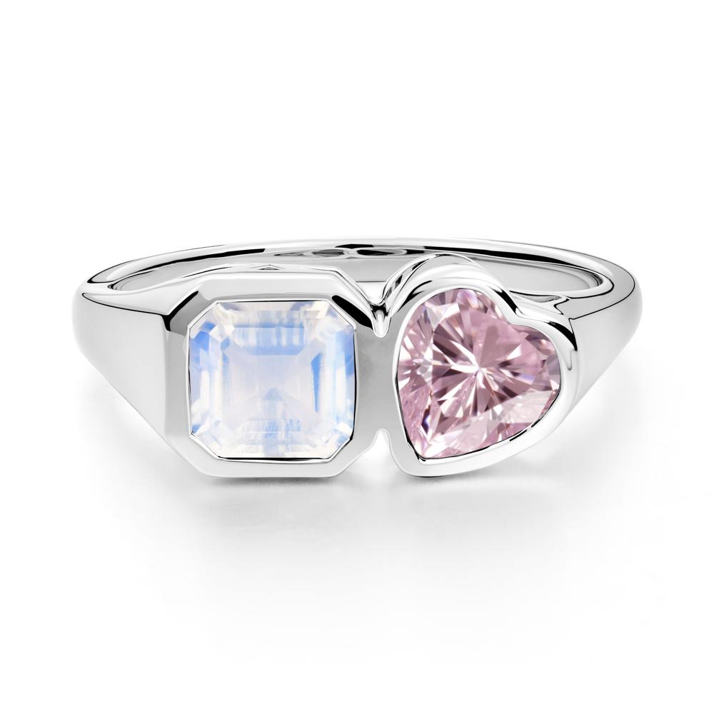Asscher and Heart Shaped Moonstone and Pink Cubic Zirconia Tet Moi Ring - LUO Jewelry #metal_18k white gold