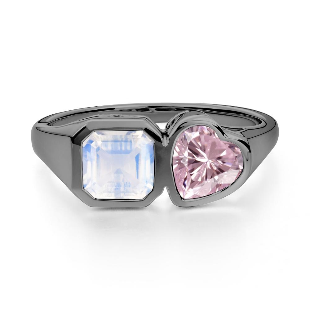Asscher and Heart Shaped Moonstone and Pink Cubic Zirconia Tet Moi Ring - LUO Jewelry #metal_black finish sterling silver