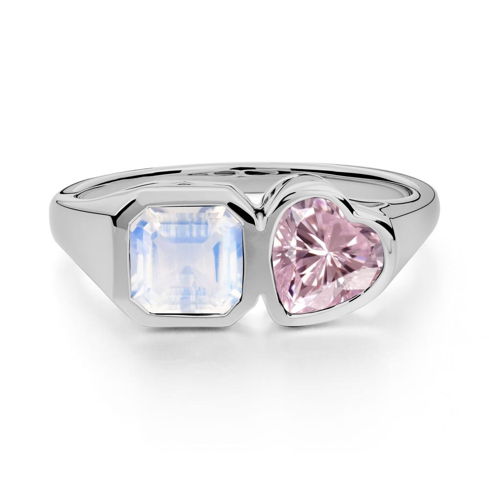 Asscher and Heart Shaped Moonstone and Pink Cubic Zirconia Tet Moi Ring - LUO Jewelry #metal_platinum