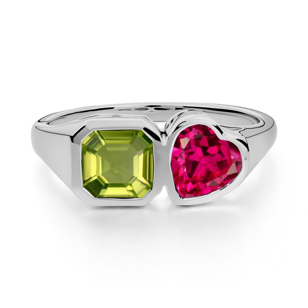 Asscher and Heart Shaped Peridot and Ruby Tet Moi Ring - LUO Jewelry #metal_platinum