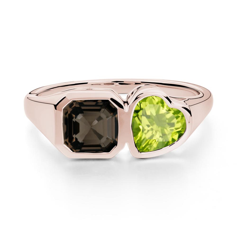 Asscher and Heart Shaped Peridot and Smoky Quartz Tet Moi Ring - LUO Jewelry #metal_14k rose gold