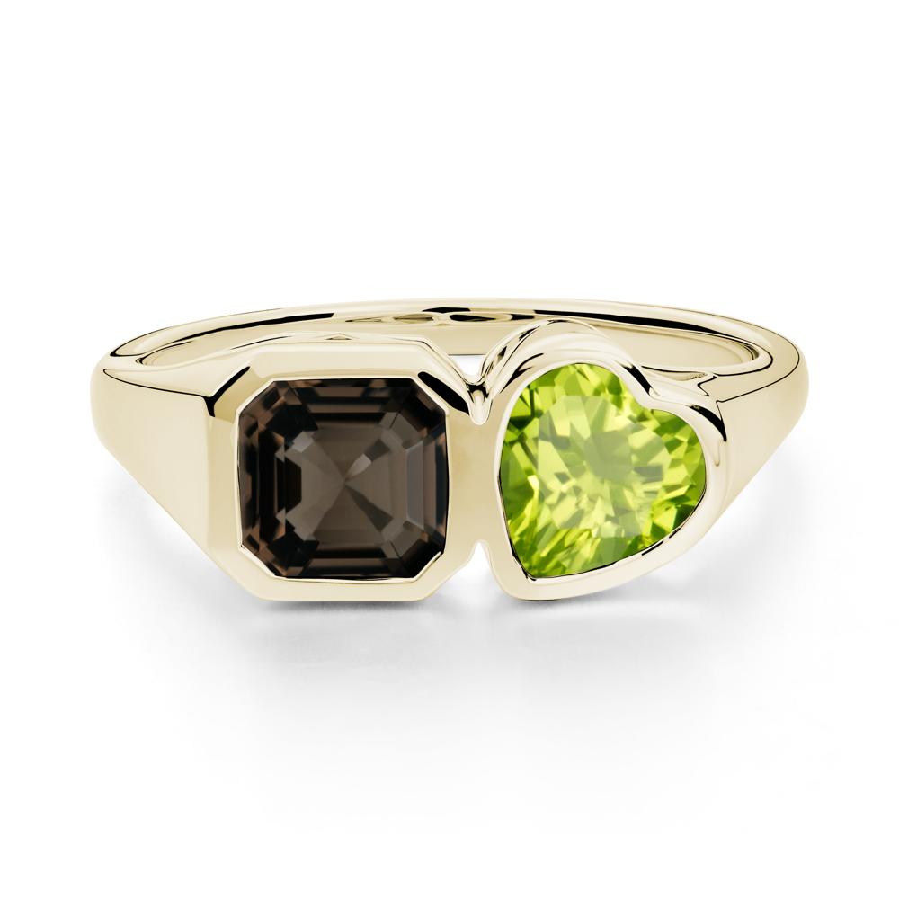 Asscher and Heart Shaped Peridot and Smoky Quartz Tet Moi Ring - LUO Jewelry #metal_14k yellow gold