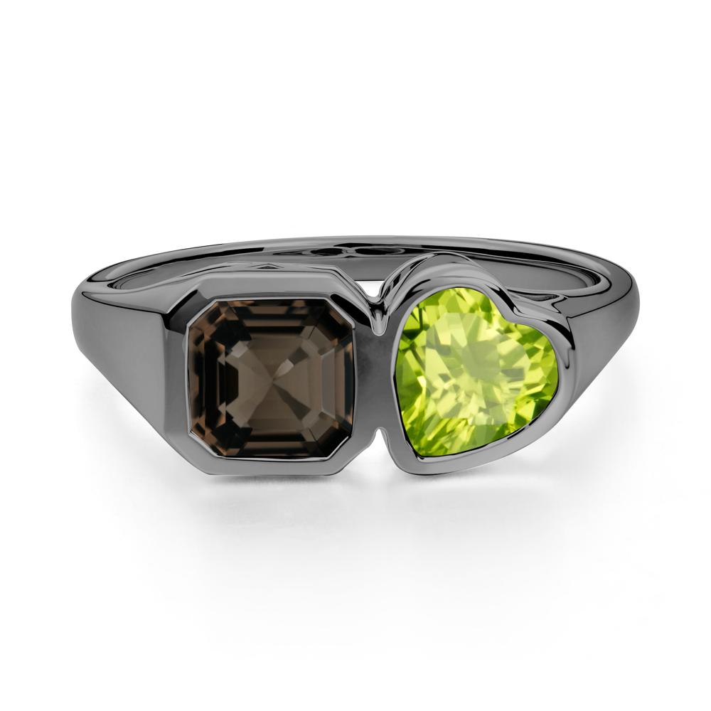 Asscher and Heart Shaped Peridot and Smoky Quartz Tet Moi Ring - LUO Jewelry #metal_black finish sterling silver