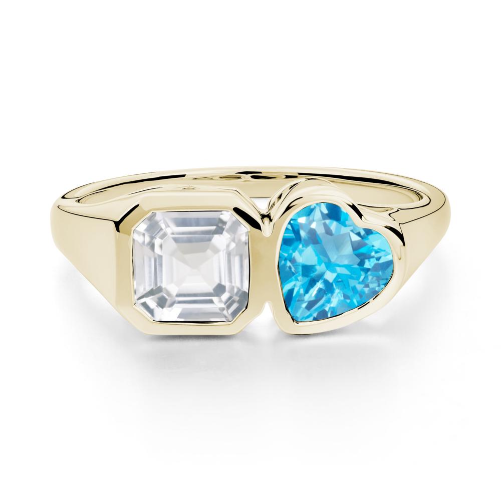 Asscher and Heart Shaped Swiss Blue Topaz and White Topaz Tet Moi Ring - LUO Jewelry #metal_14k yellow gold