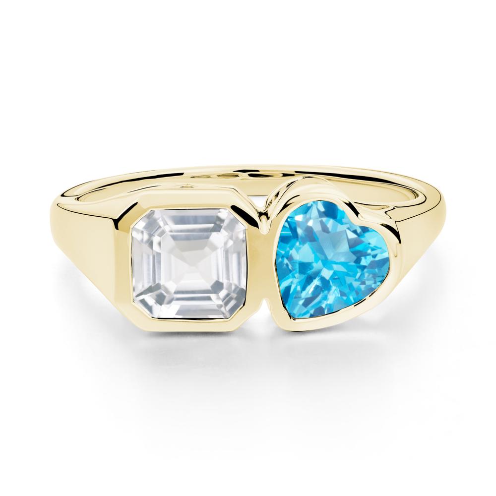 Asscher and Heart Shaped Swiss Blue Topaz and White Topaz Tet Moi Ring - LUO Jewelry #metal_18k yellow gold