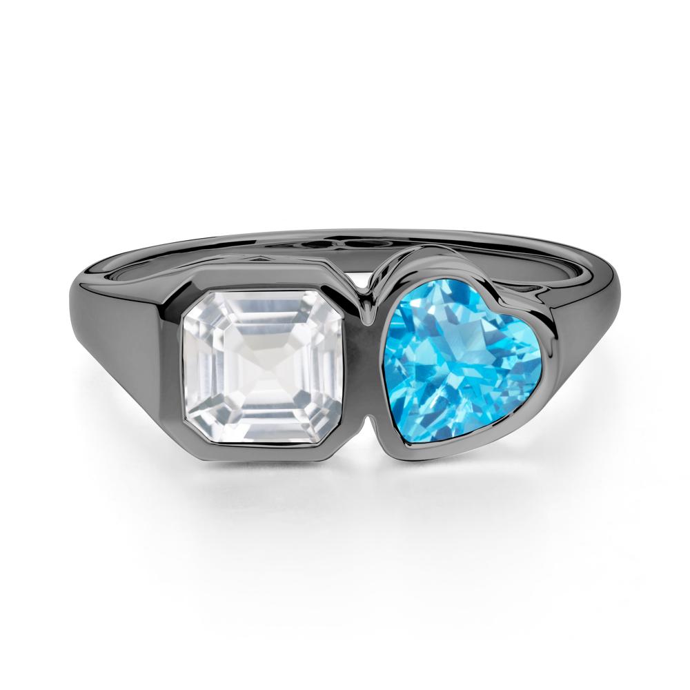 Asscher and Heart Shaped Swiss Blue Topaz and White Topaz Tet Moi Ring - LUO Jewelry #metal_black finish sterling silver