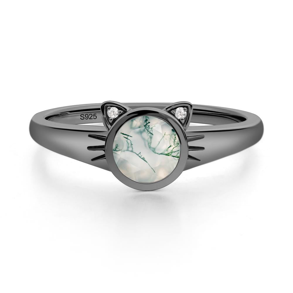 Round Moss Agate Cat Ear Ring - LUO Jewelry #metal_black finish sterling silver