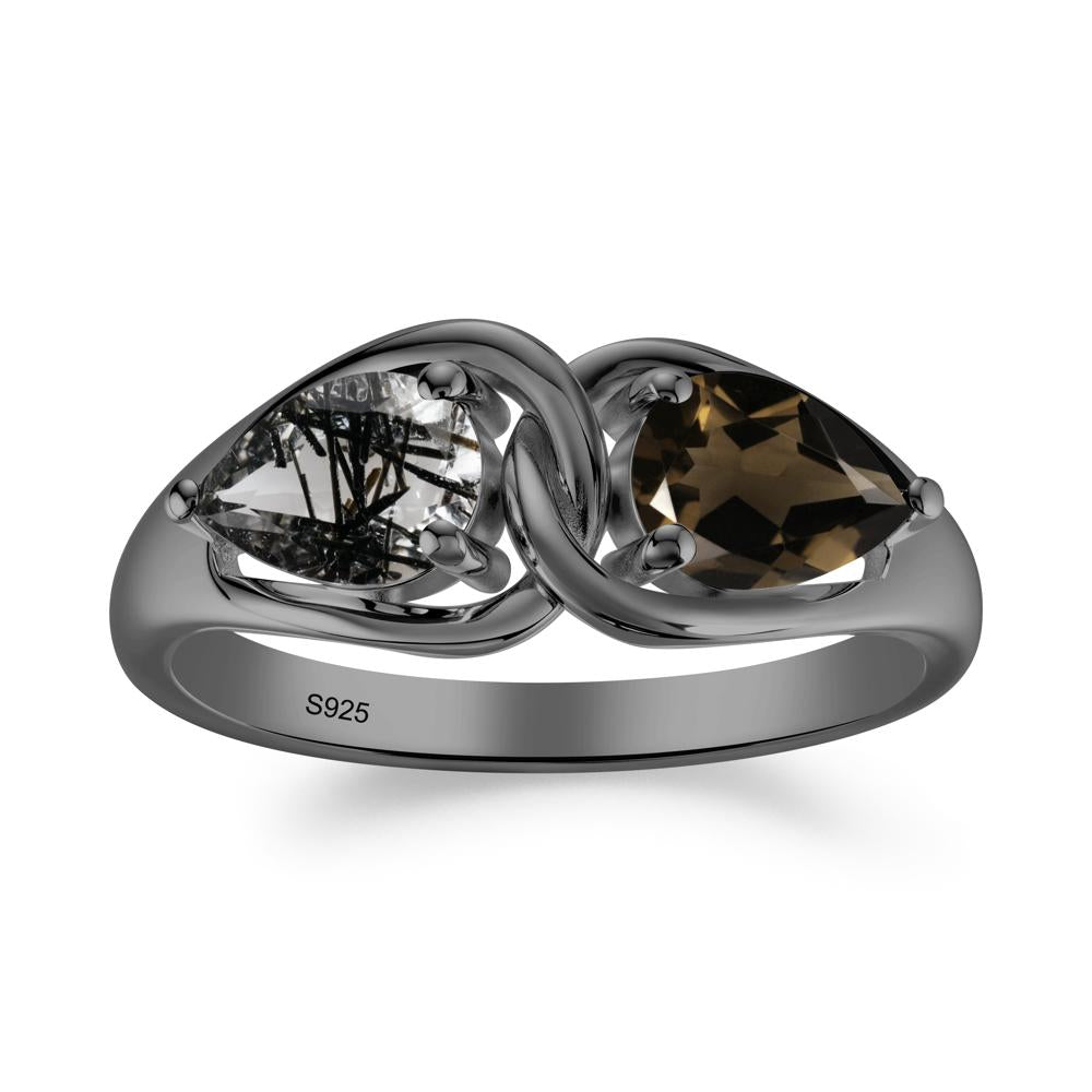Minimalist Pear Cut Black Rutilated Quartz and Smoky Quartz Infinity Ring - LUO Jewelry #metal_black finish sterling silver