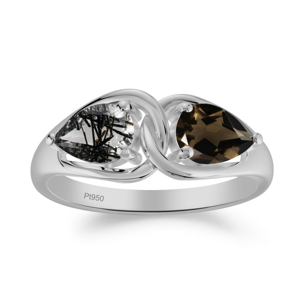 Minimalist Pear Cut Black Rutilated Quartz and Smoky Quartz Infinity Ring - LUO Jewelry #metal_platinum