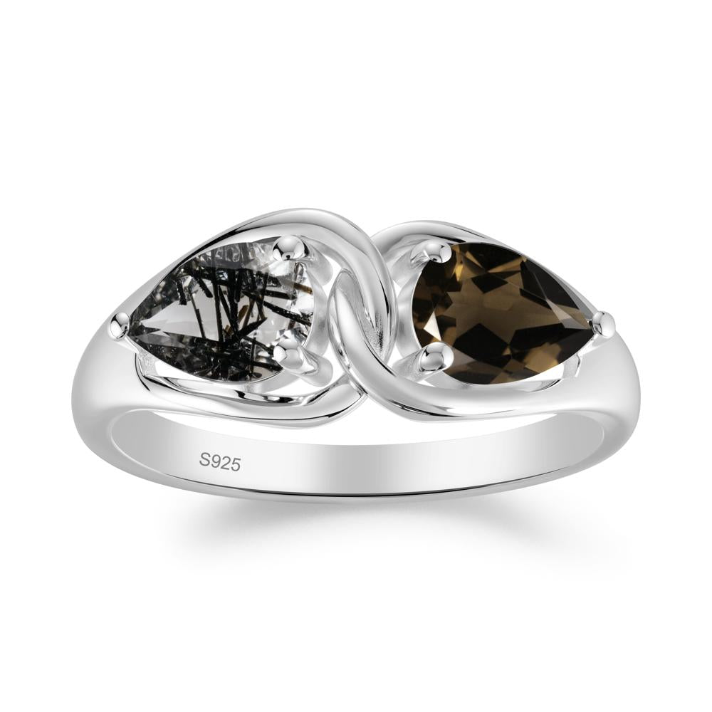 Minimalist Pear Cut Black Rutilated Quartz and Smoky Quartz Infinity Ring - LUO Jewelry #metal_sterling silver