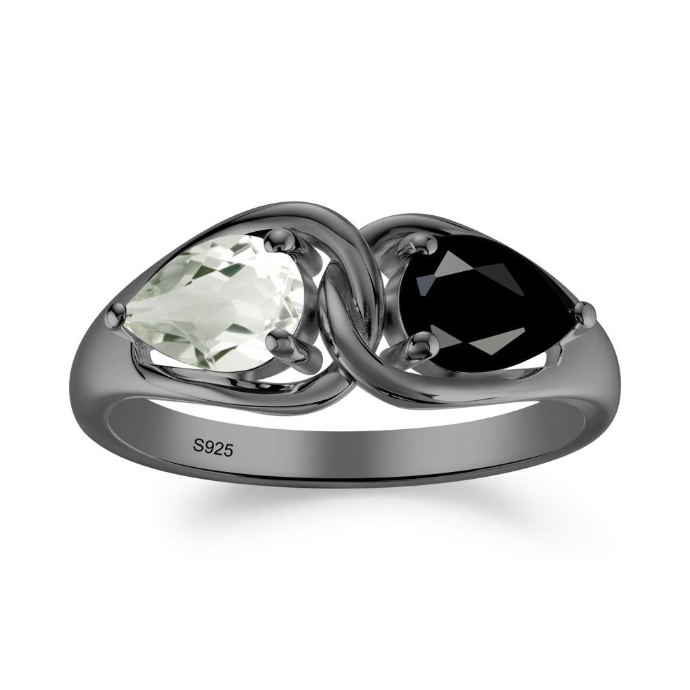 Minimalist Pear Cut Black Spinel and Green Amethyst Infinity Ring - LUO Jewelry #metal_black finish sterling silver