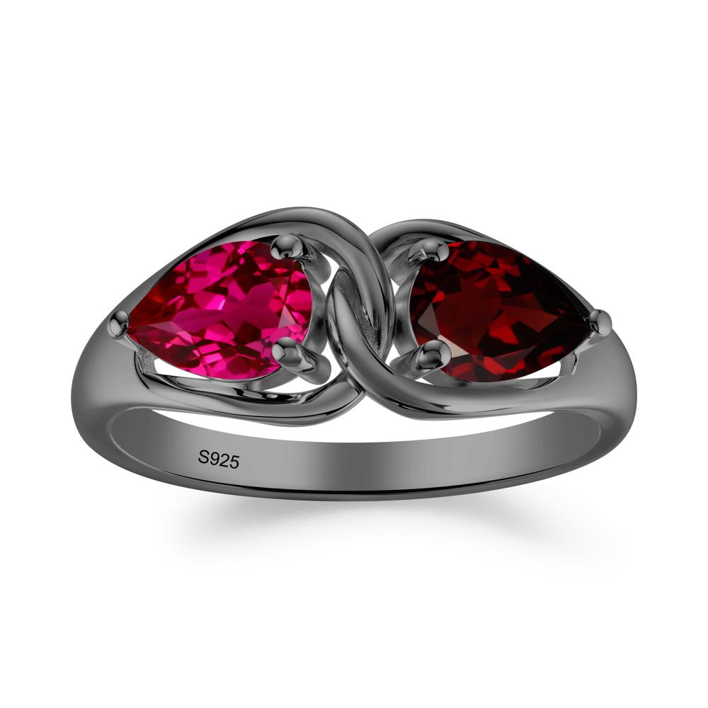 Two Stone Pear Cut Garnet and Ruby Engagement Ring - LUO Jewelry #metal_black finish sterling silver