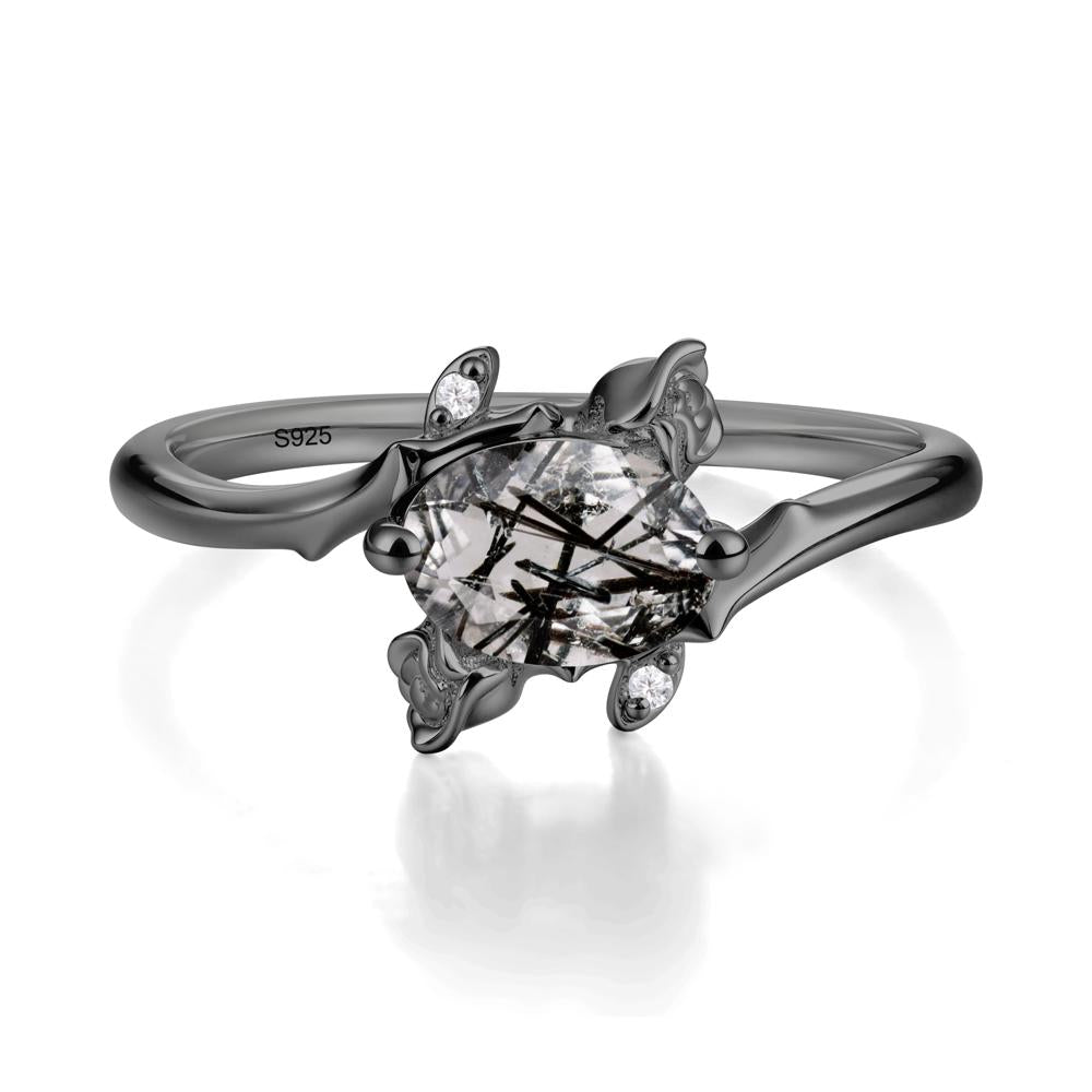 Vintage Rose Design Oval Cut Black Rutilated Quartz Ring - LUO Jewelry #metal_black finish sterling silver