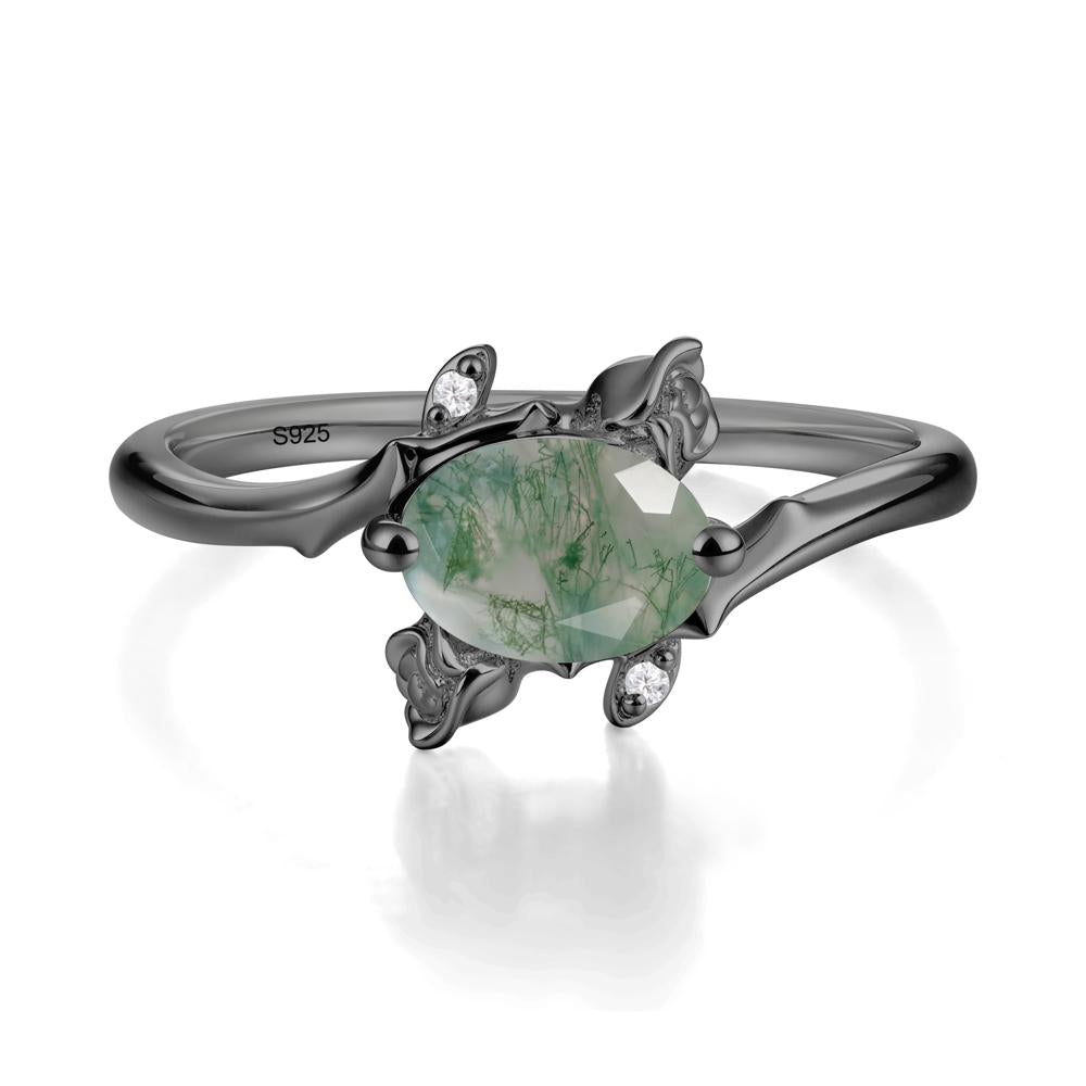 Vintage Rose Design Oval Cut Moss Agate Ring - LUO Jewelry #metal_black finish sterling silver