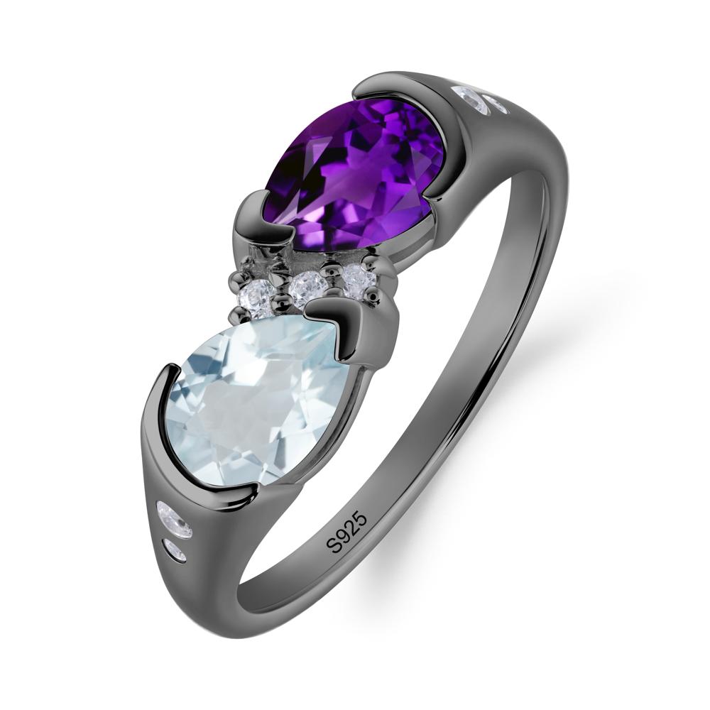 Two Stone Amethyst and Aquamarine Birthstone Ring - LUO Jewelry #metal_black finish sterling silver
