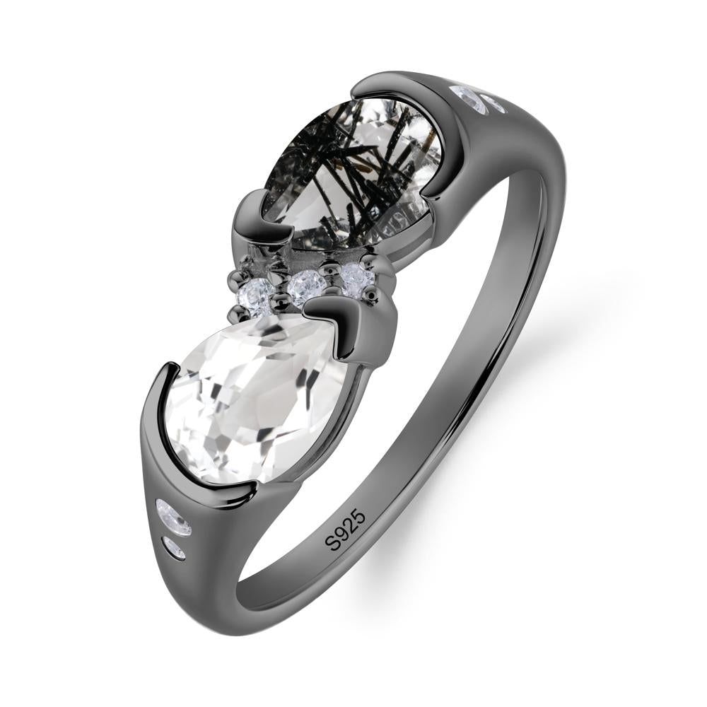 Toi Et Moi Pear Cut Black Rutilated Quartz and White Topaz Ring - LUO Jewelry #metal_black finish sterling silver