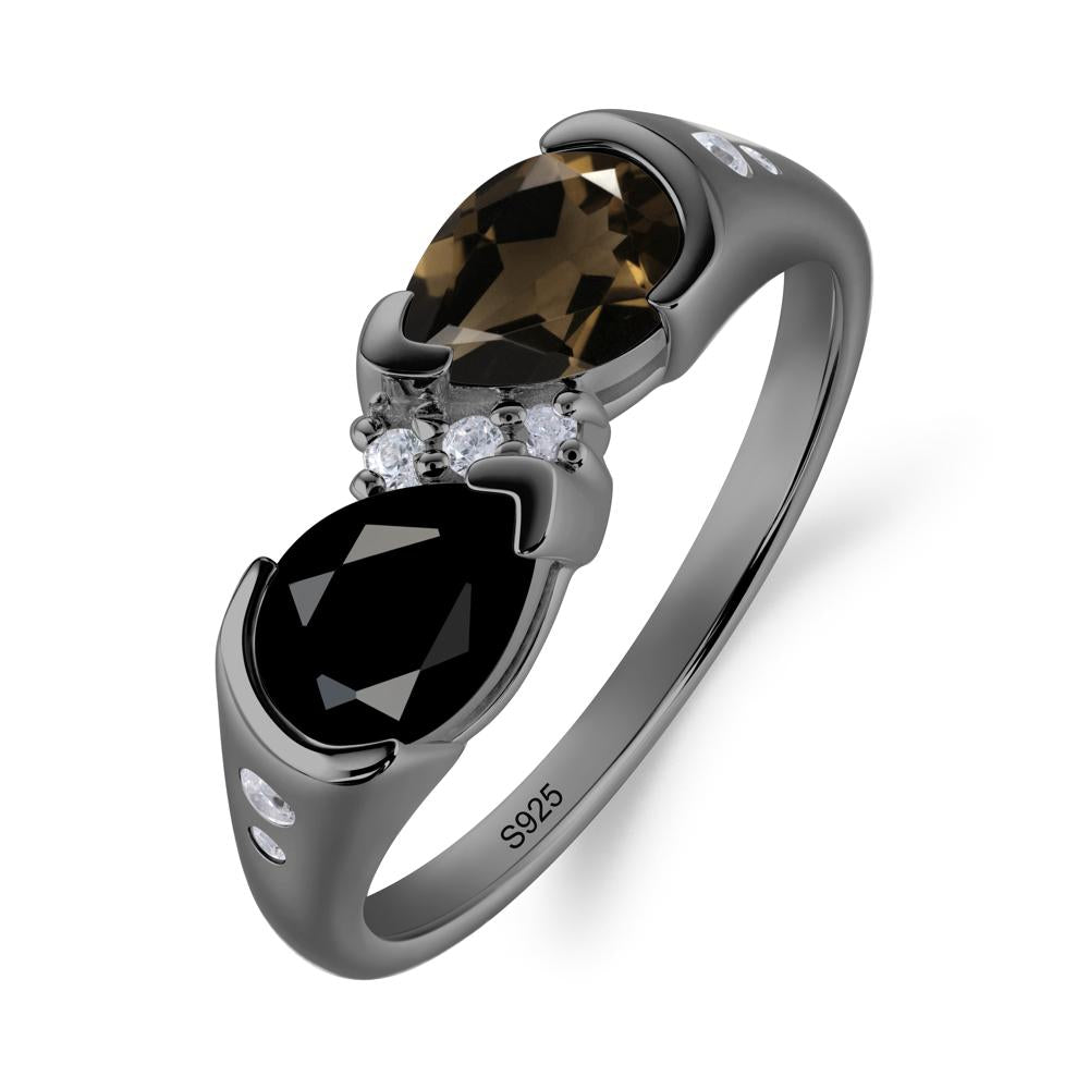 Toi Et Moi Bezel Black Spinel and Smoky Quartz Promise Ring - LUO Jewelry #metal_black finish sterling silver