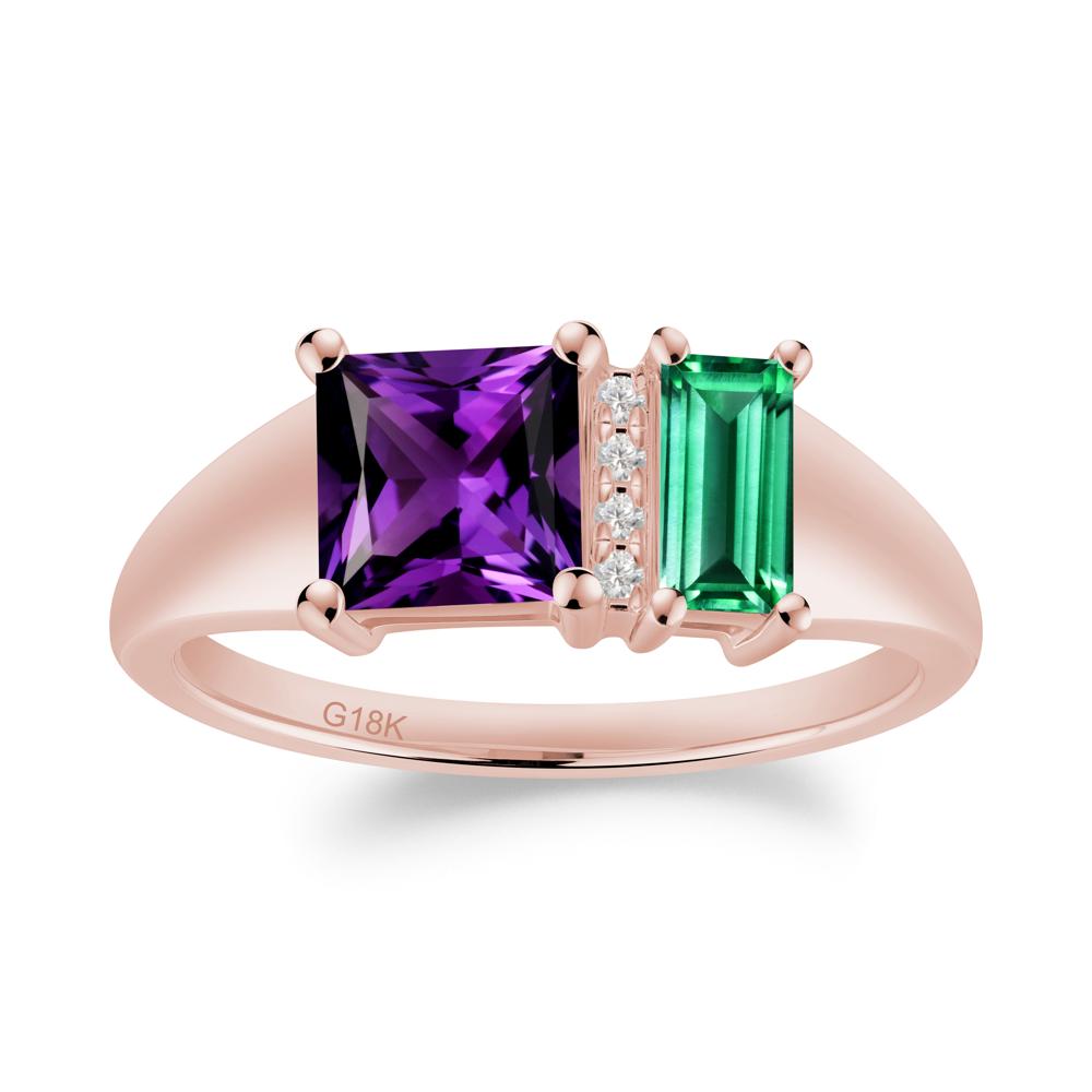 Dual Stone Amethyst and Emerald Baguette Square Ring - LUO Jewelry #metal_18k rose gold