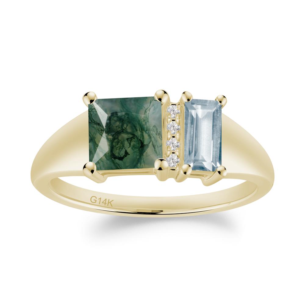 Rectangular Princess Cut Aquamarine and Moss Agate Ring - LUO Jewelry #metal_14k yellow gold