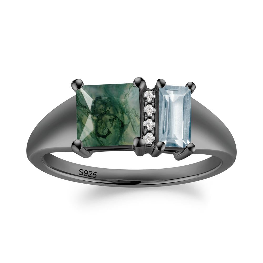 Rectangular Princess Cut Aquamarine and Moss Agate Ring - LUO Jewelry #metal_black finish sterling silver