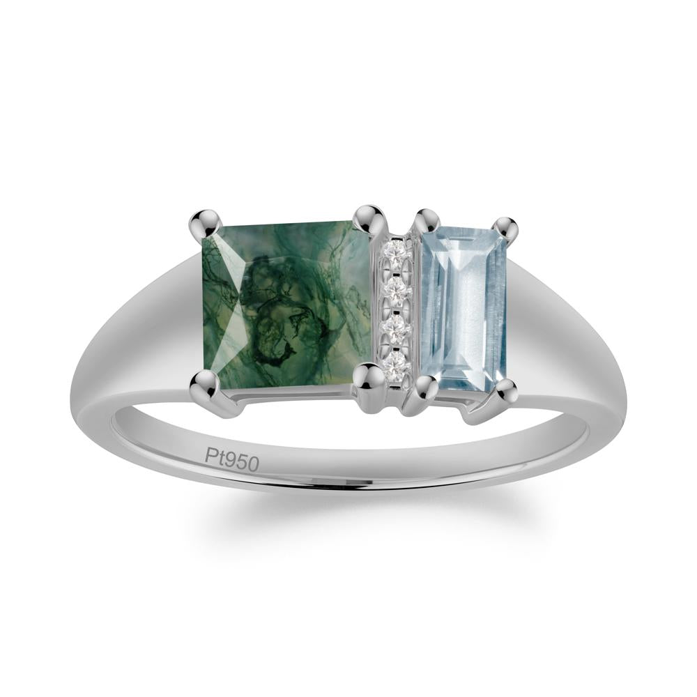 Rectangular Princess Cut Aquamarine and Moss Agate Ring - LUO Jewelry #metal_platinum