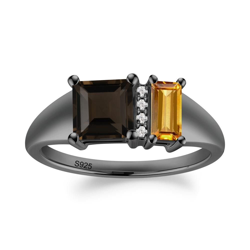 Dual Stone Citrine and Smoky Quartz Baguette Square Ring - LUO Jewelry #metal_black finish sterling silver