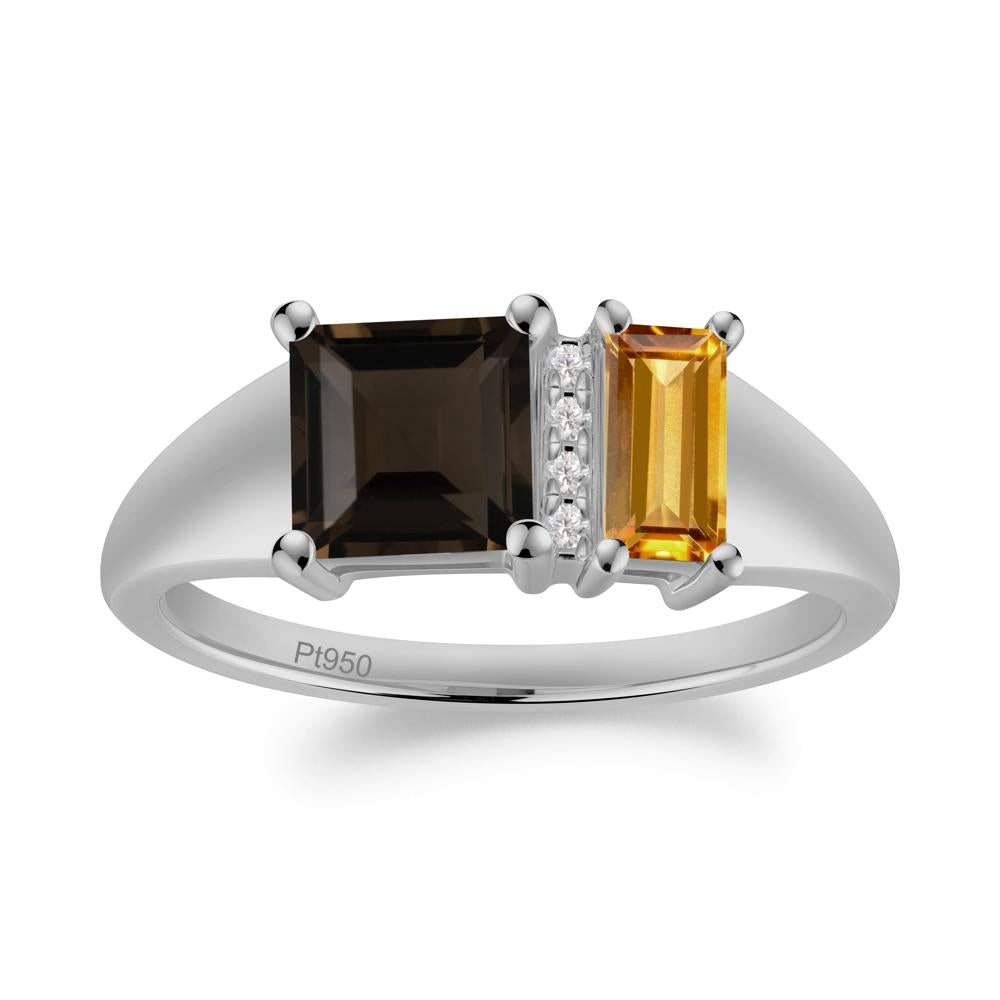 Dual Stone Citrine and Smoky Quartz Baguette Square Ring - LUO Jewelry #metal_platinum