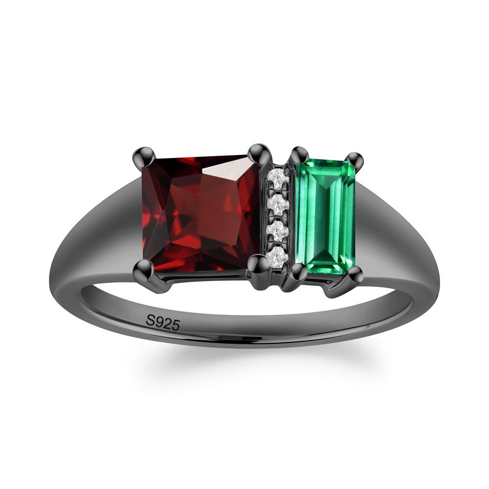 Unique Toi Et Moi Emerald and Garnet Birthstone Ring - LUO Jewelry #metal_black finish sterling silver
