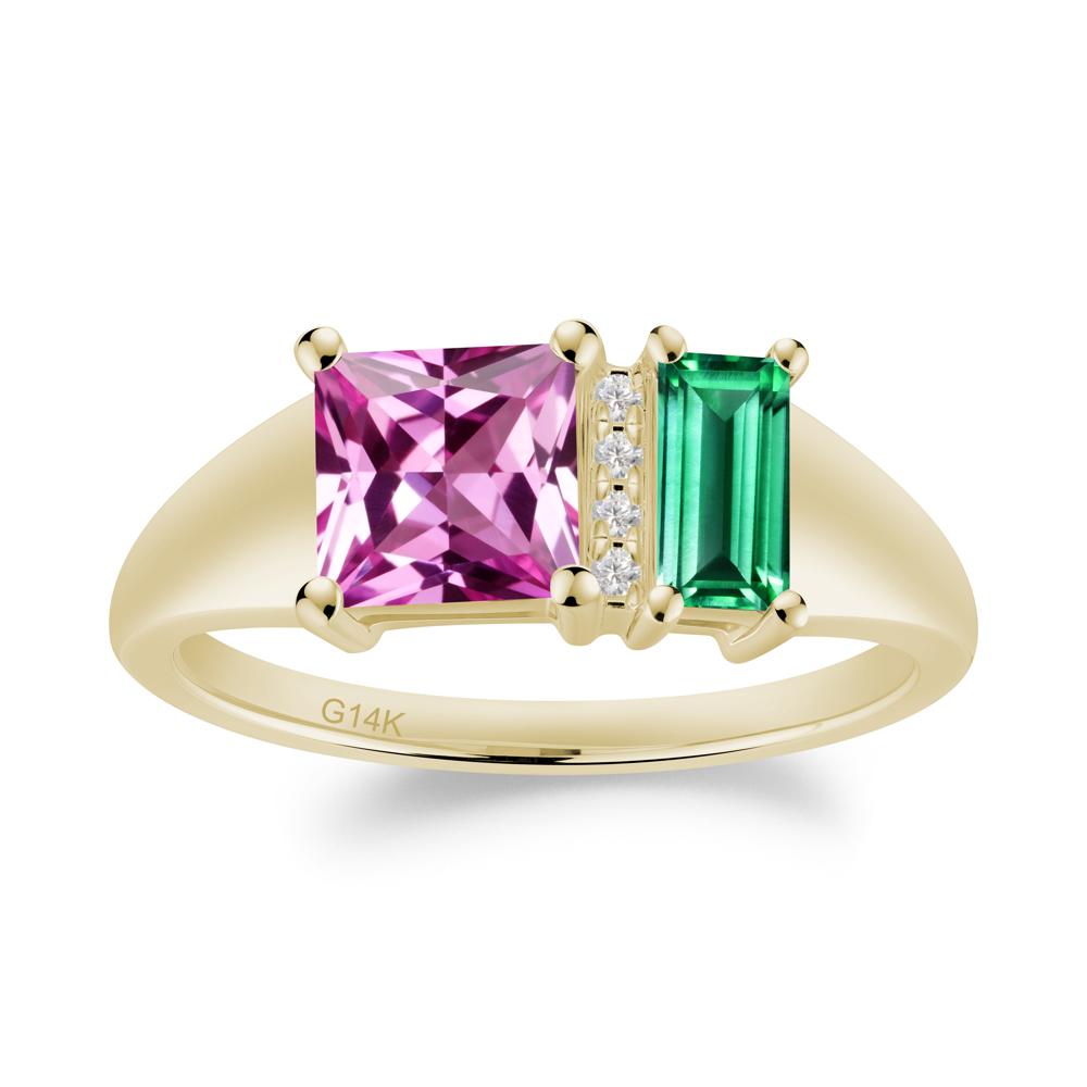 Rectangular Princess Cut Emerald and Pink Sapphire Ring - LUO Jewelry #metal_14k yellow gold