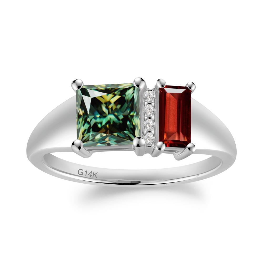 Dual Stone Garnet and Green Moissanite Baguette Square Ring - LUO Jewelry #metal_14k white gold