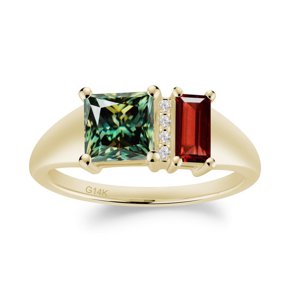 Dual Stone Garnet and Green Moissanite Baguette Square Ring - LUO Jewelry #metal_14k yellow gold