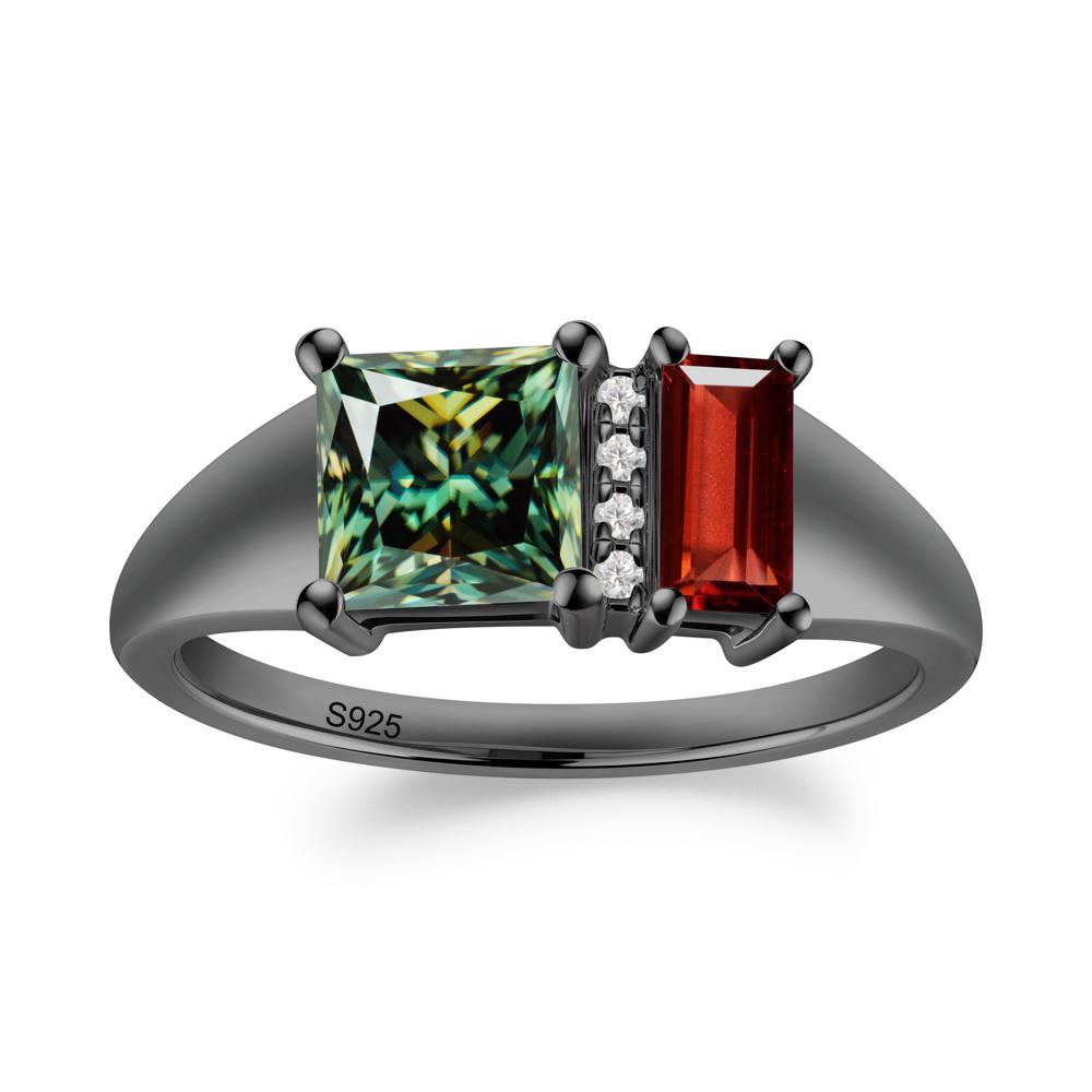 Dual Stone Garnet and Green Moissanite Baguette Square Ring - LUO Jewelry #metal_black finish sterling silver