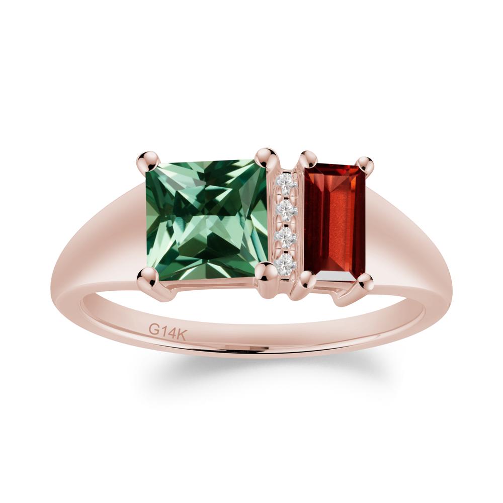 Unique Toi Et Moi Garnet and Green Sapphire Birthstone Ring - LUO Jewelry #metal_14k rose gold
