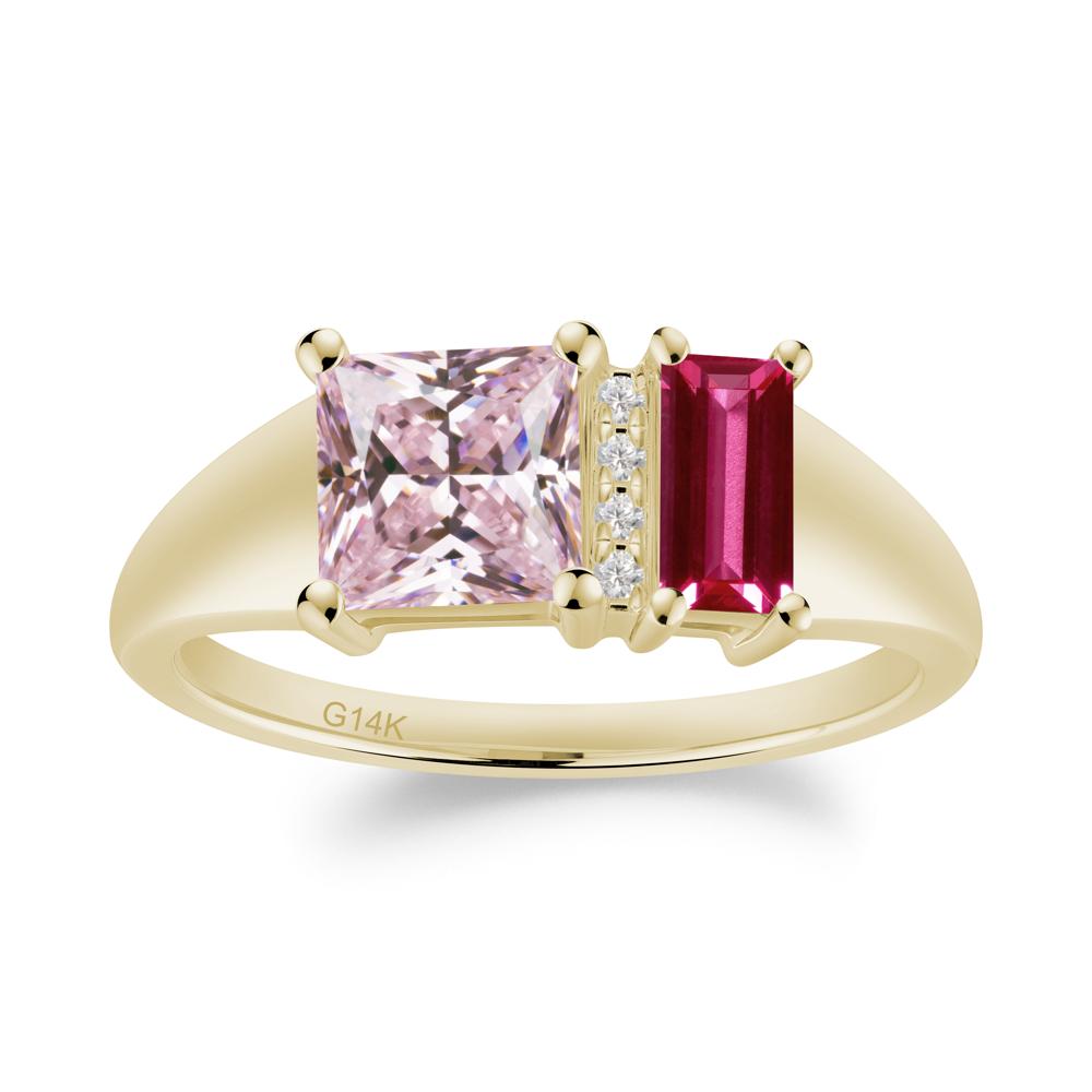 Rectangular Princess Cut Pink Cubic Zirconia and Ruby Ring - LUO Jewelry #metal_14k yellow gold